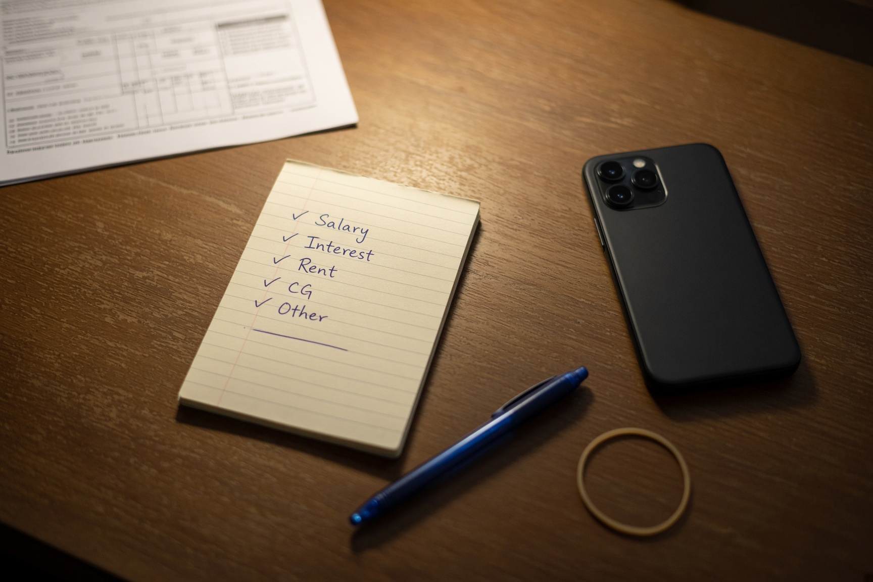 A handwritten list of ticks and blanks beside a pen and a face-down phone.