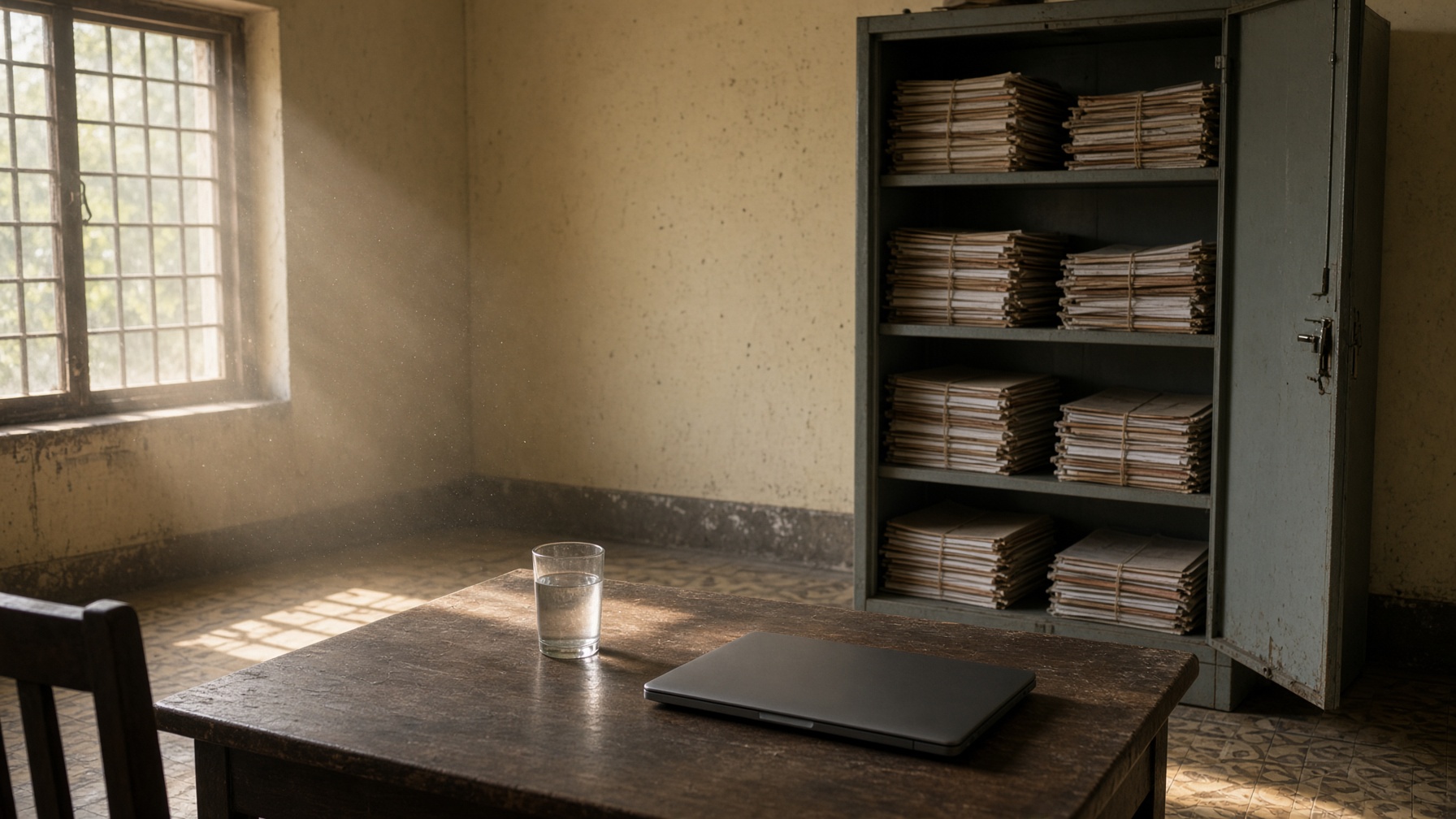 Morning light on the floor of a small office, files in a metal cupboard.