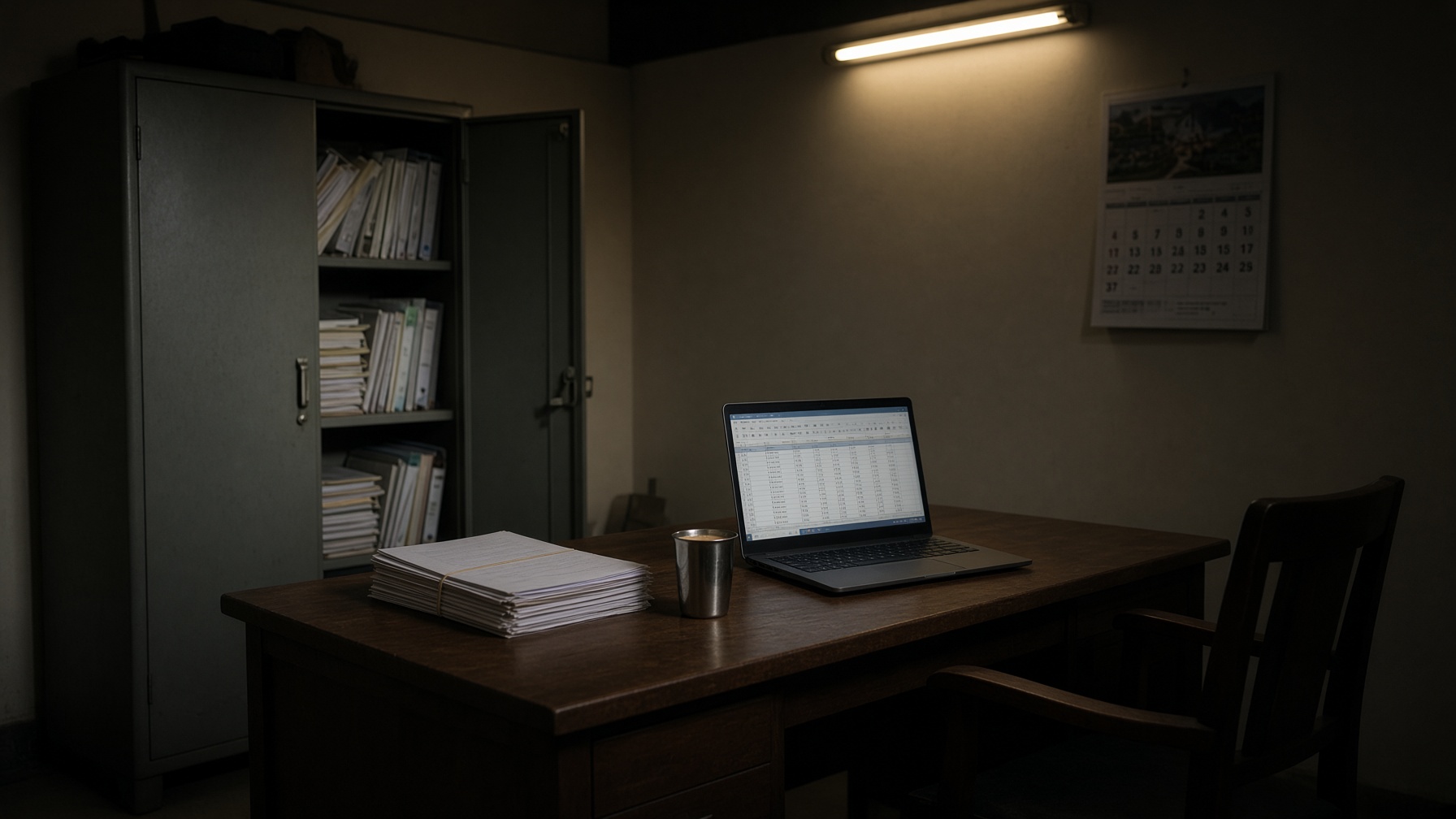 A small office at night, laptop still open, tea gone cold, the chair pulled out.