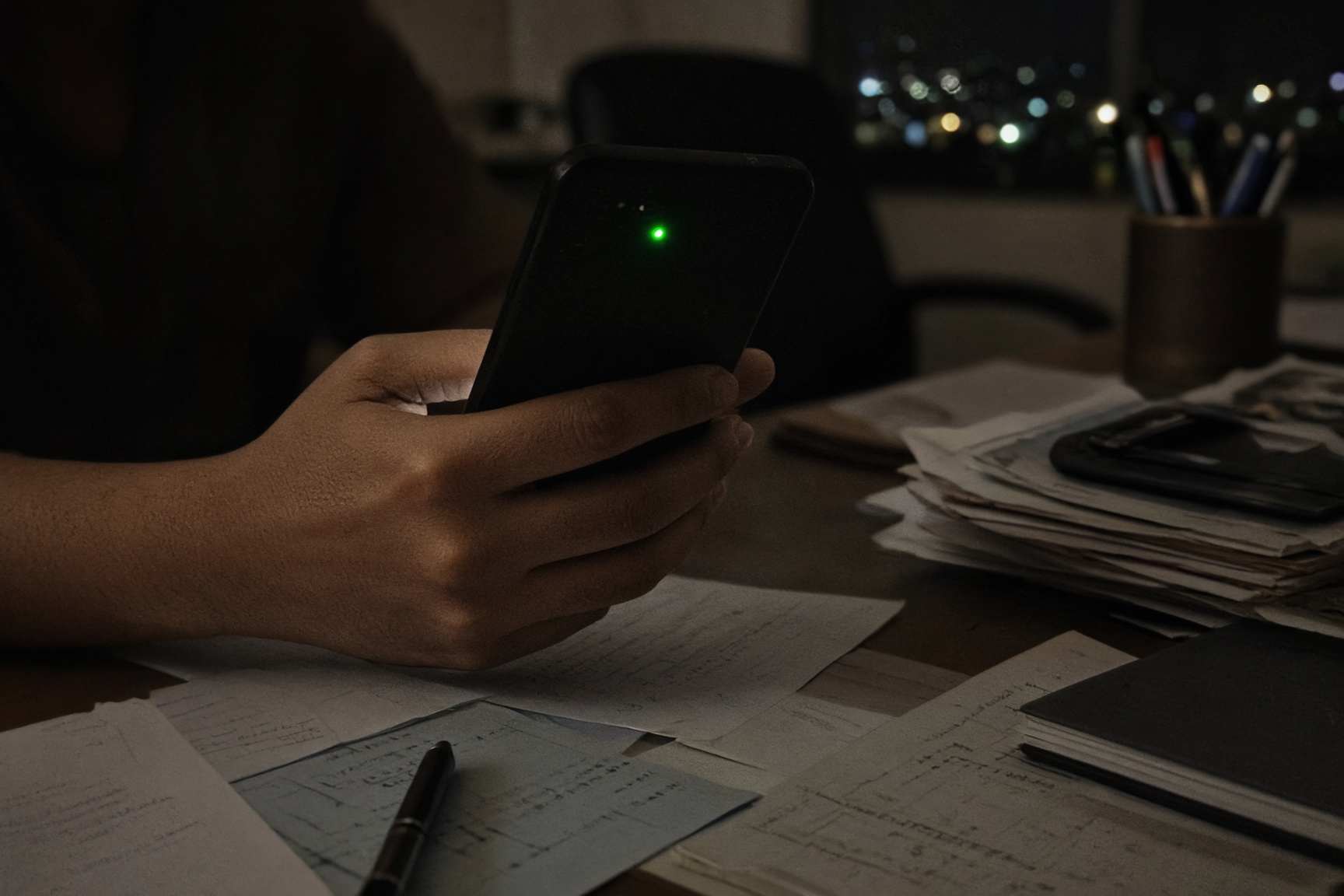 A hand holding a phone over a desk of papers at night.